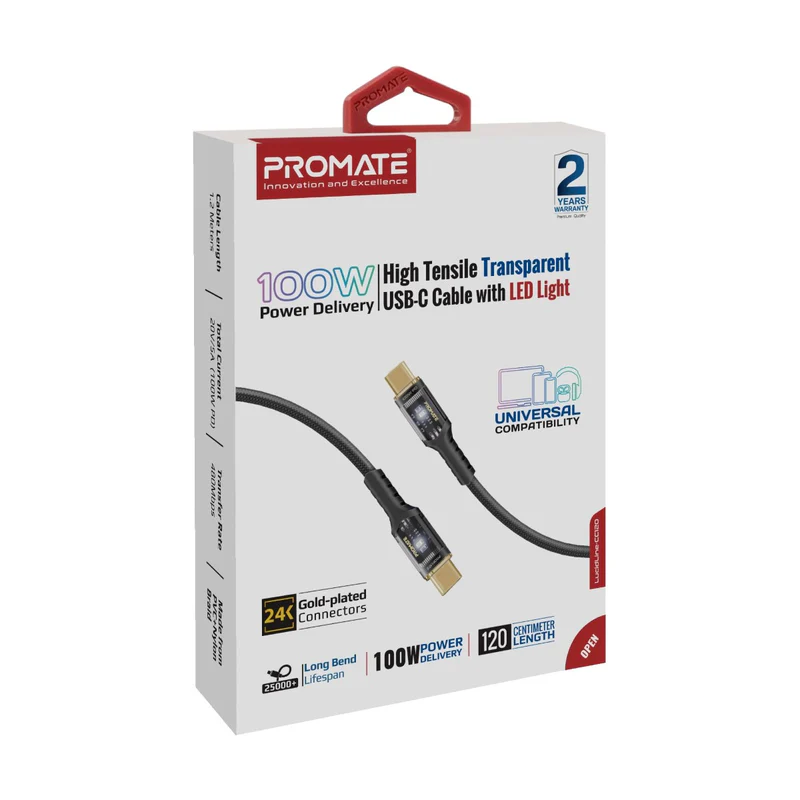 Promate LucidLine-CC120 USB-C™ to USB-C™ Cable Fast-Charging 100W with Transparent Tips LED 480Mbps Promate LucidLine-CC120 USB-C™ to USB-C™ Cable Fast-Charging 100W with Transparent Tips LED 480Mbps